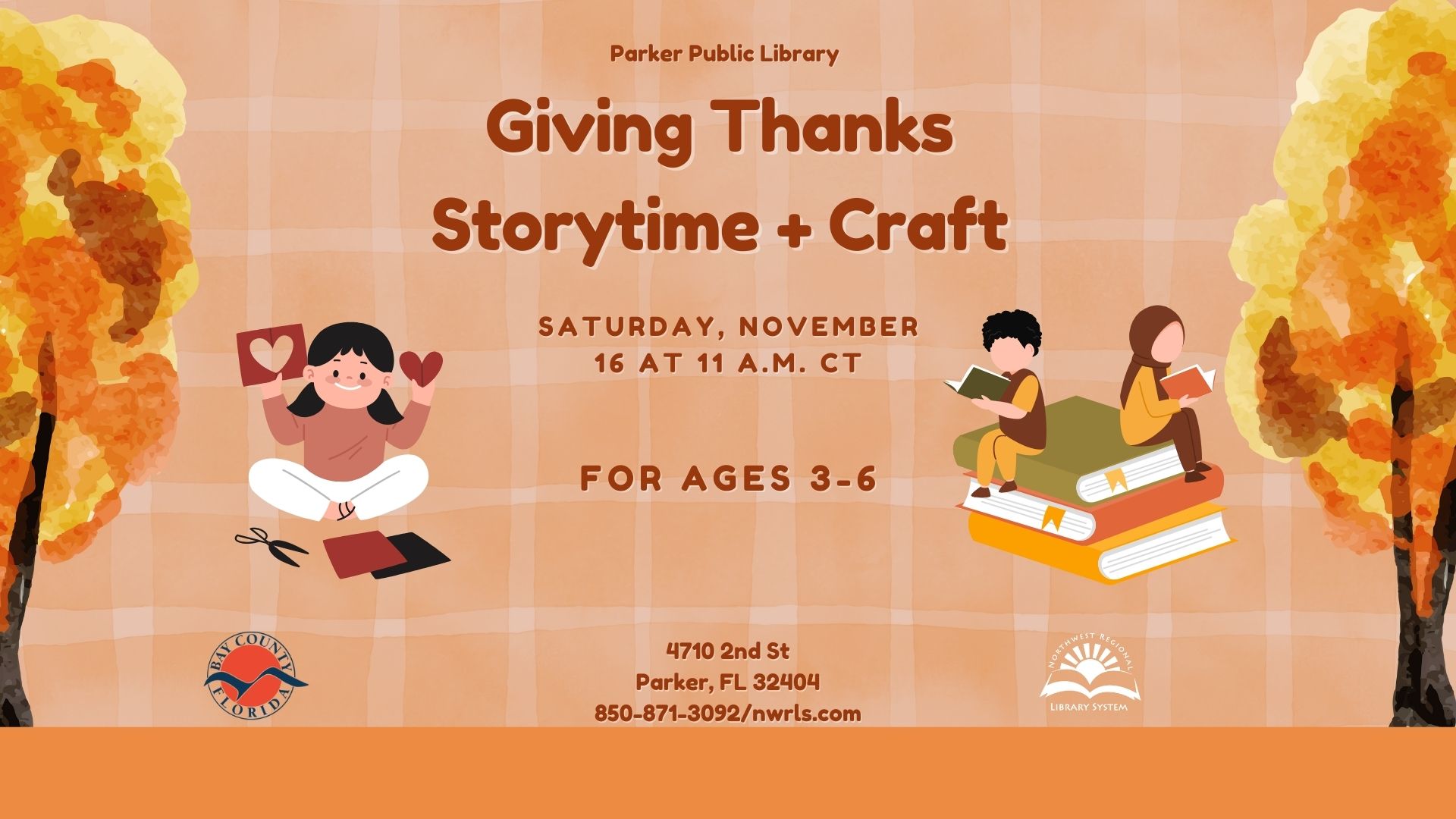 5 fall storytime image with trees and kids reading