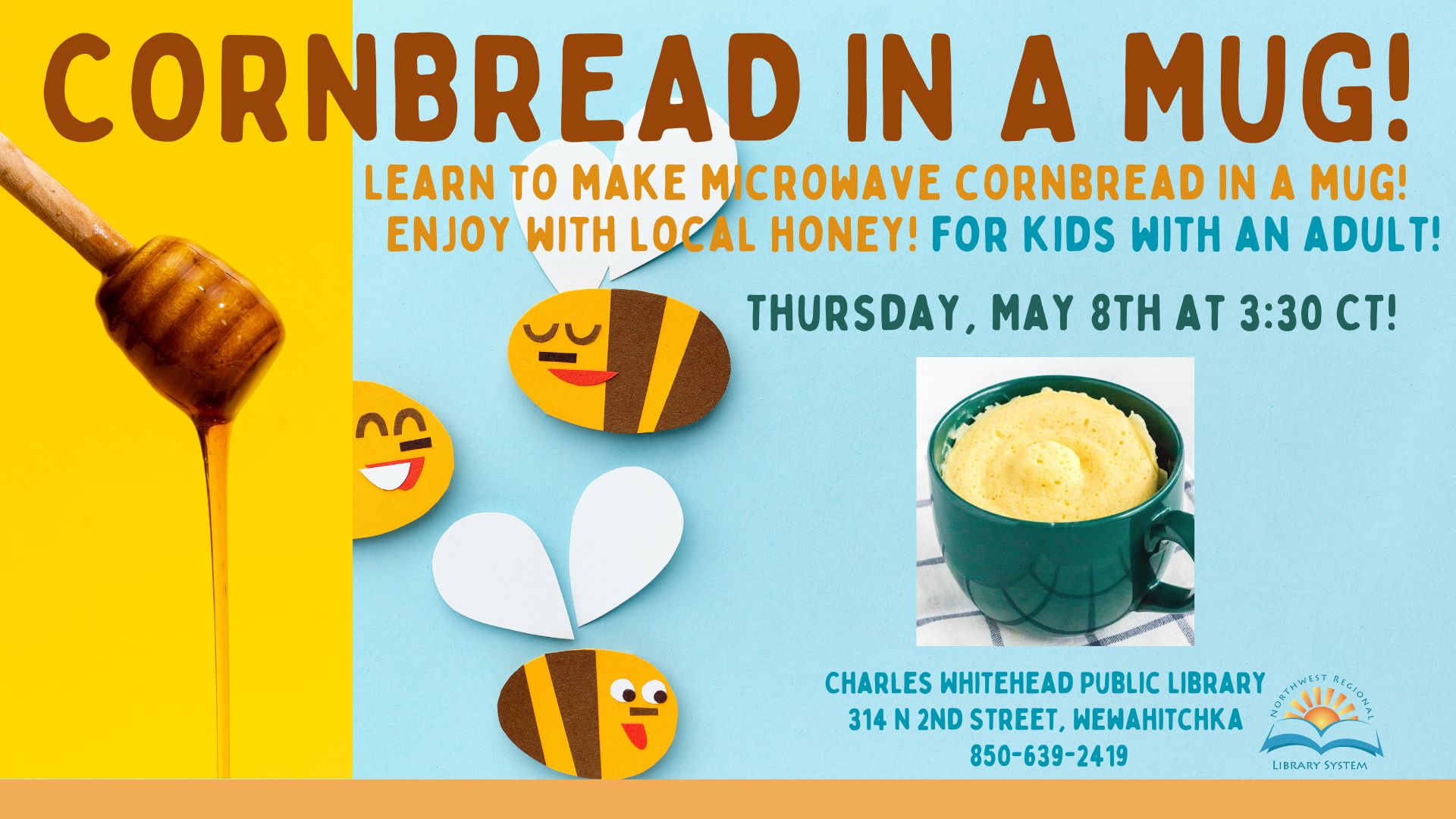 Cornbread in a mug with illustration of honey and bees