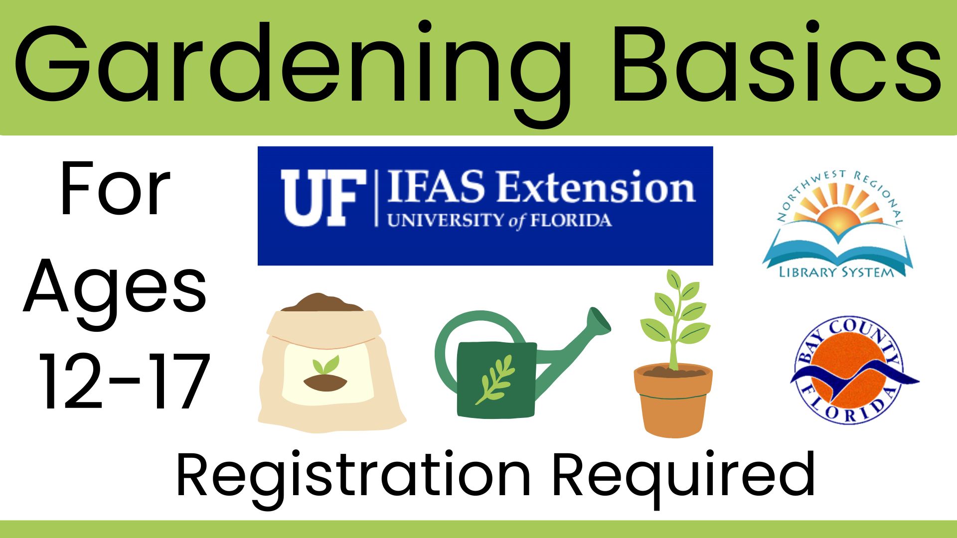 Gardening Basics Gardening illustrations of soil, watering can and a plant in a ceramic pot.