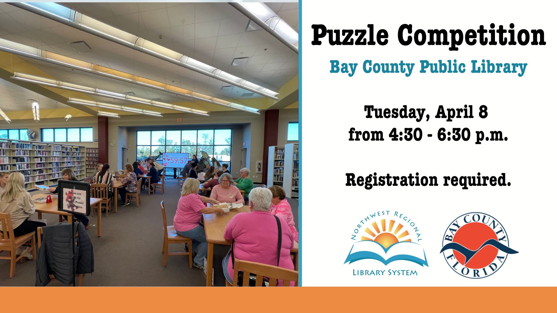 Image of a previous Puzzle Competition in the Bay County Public Library around the reference tables.