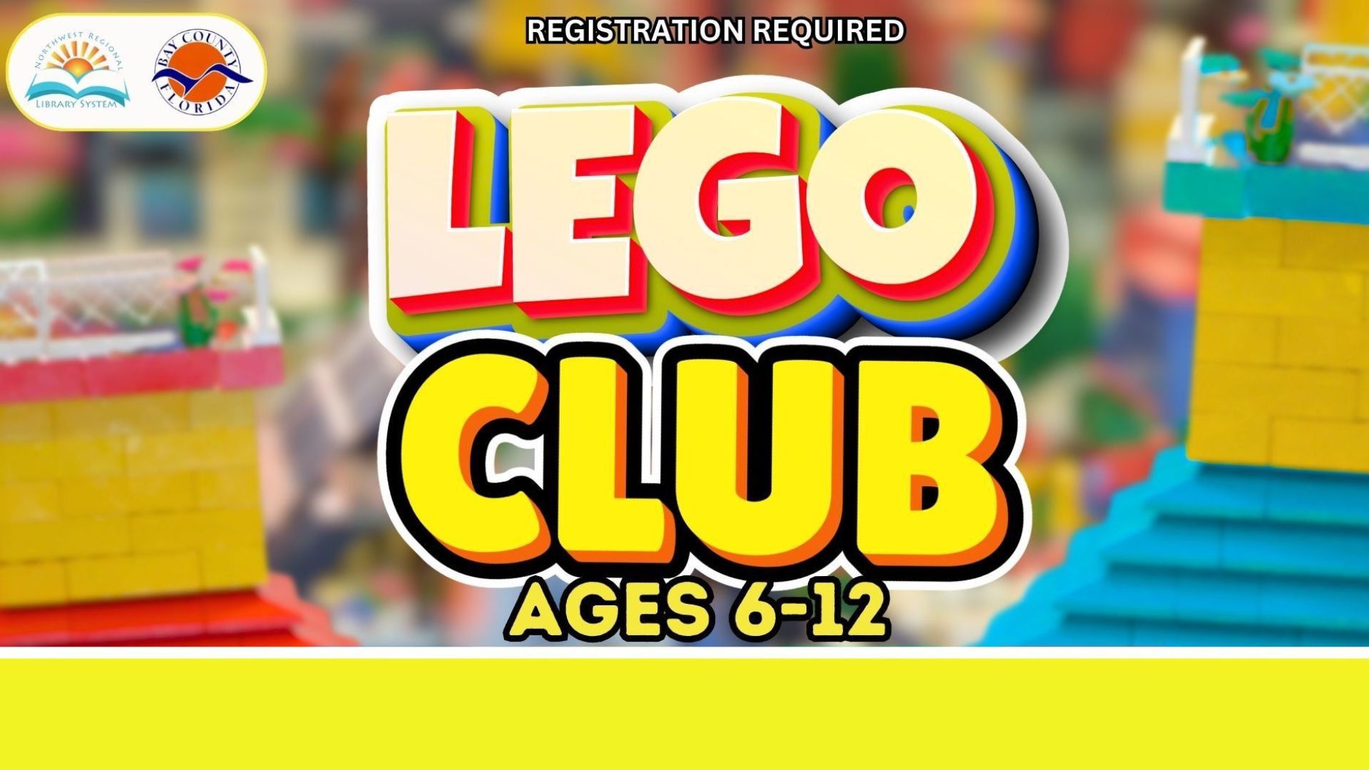 LEGO Club in bubble letters with legos in the background.