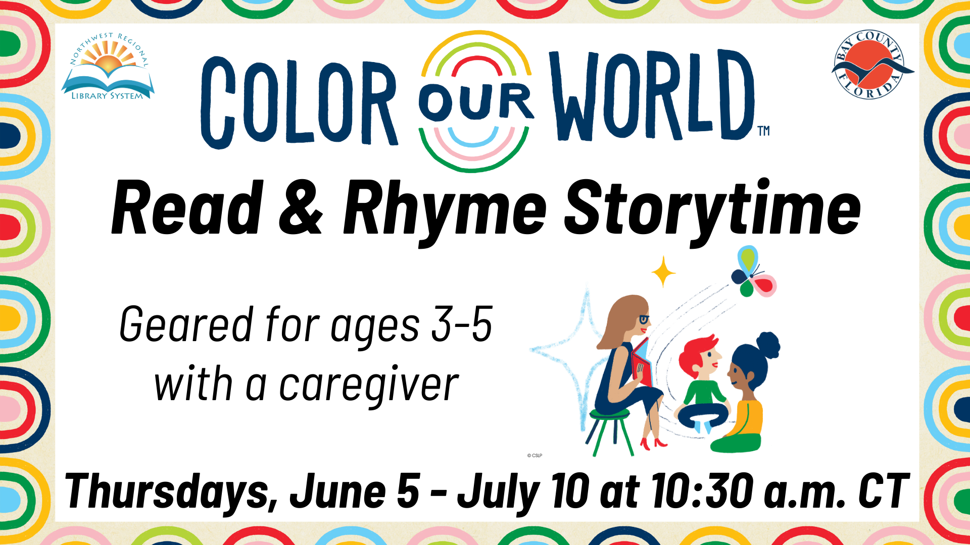 Color Our World Read & Rhyme Storytime with image of librarian reading to two kids